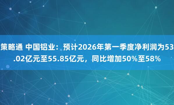 策略通 中国铝业：预计2026年第一季度净利润为53.02亿元至55.85亿元，同比增加50%至58%